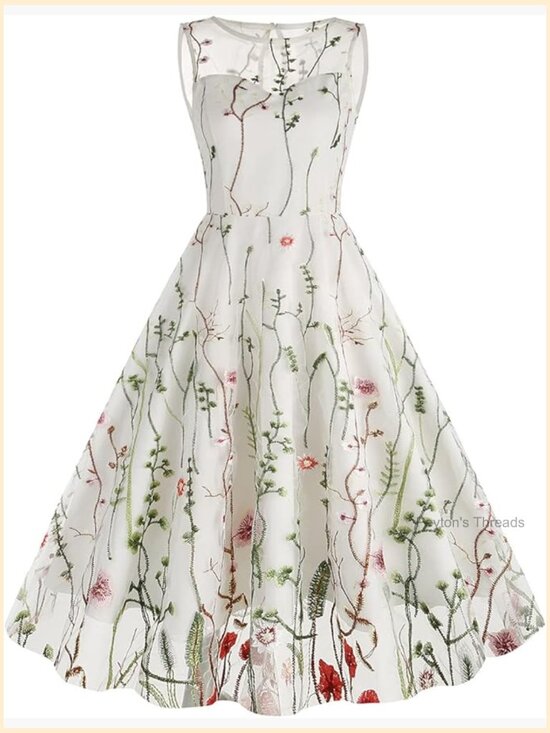 Dresses & Skirts - Keyhole Floral Embroidery Sheer Mesh Illusion Vintage Cocktail Swing Tulle Dress